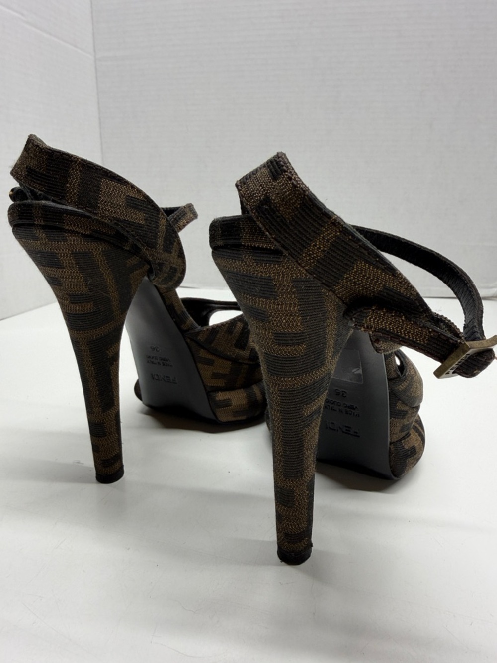 Fendi Zucca Platform High Heels Peep Toe Pointed Ankle Strap Stiletto Tobacco 36 - Picture 4 of 12